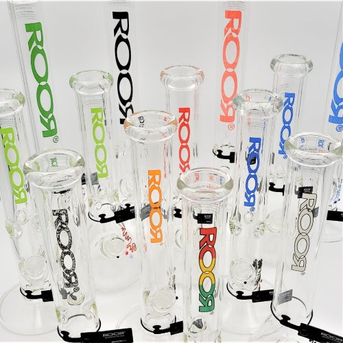 A collection of various RooR bongs with their authentication tag still intact