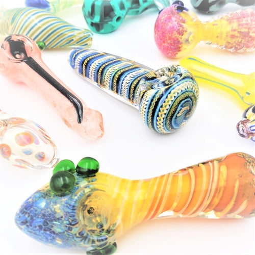An array of Glass Hand Pipes on a White Background